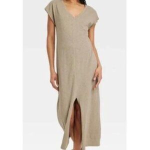 New Universal Thread Midi V-Neck Shirtdress, brown (heather mustard), large